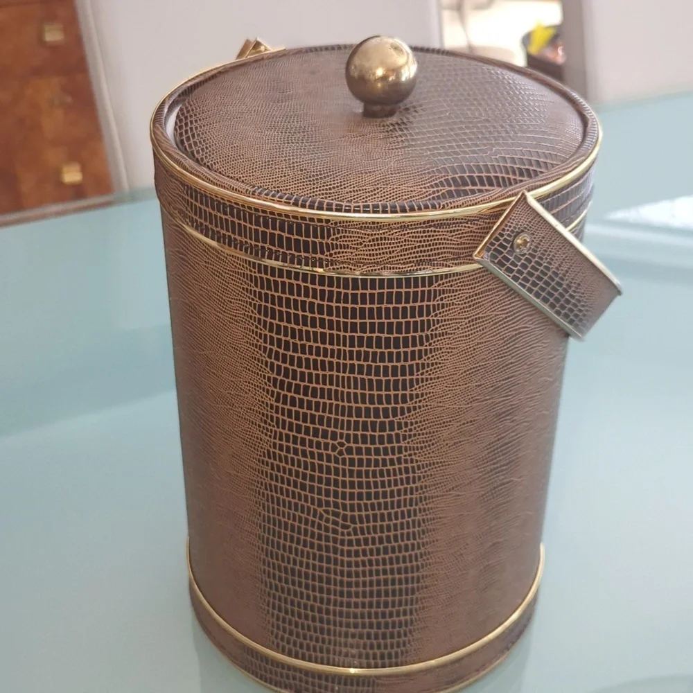Hollywood Regency Ice Bucket, Brown Faux Alligator, Mid-Century Modern Barware